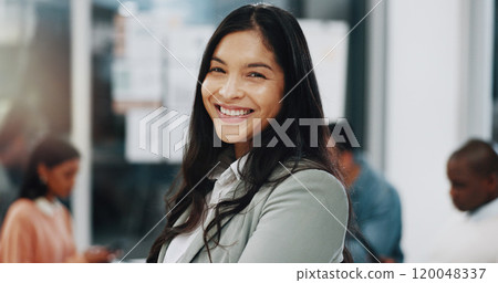 Boardroom, businesswoman and portrait with smile for meeting, productivity and positive attitude with pride. Office, colleagues and designer with confidence for creative agency, startup and workplace 120048337