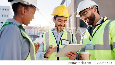 Tablet, team and construction engineers on site for city planning, maintenance or repairs. Discussion, contractor and group of civil employees with technology for renovation approval on town rooftop. Tablet, team and construction engineers on site for city planning, maintenance or repairs. Discussion, contractor and group of civil employees with technology for renovation approval on town rooftop. 120048343