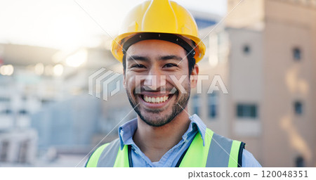 Architect, rooftop and man portrait with architecture and urban planning with success and project outdoor. Contractor, civil engineering and smile in city with quality assurance on site in Shanghai 120048351