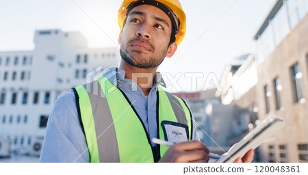 Tablet, thinking and construction man on site with communication for contract city planning. Digital technology, industry and civil engineer worker with blueprint notes for renovation approval Tablet, thinking and construction man on site with communication for contract city planning. Digital technology, industry and civil engineer worker with blueprint notes for renovation approval 120048361