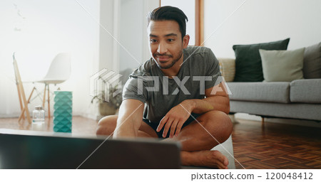 Man, choice and fitness with laptop, online class and breathing for exercise and muscle training at home. Workout, internet video and content creator with wellness, start and tech for health guide 120048412