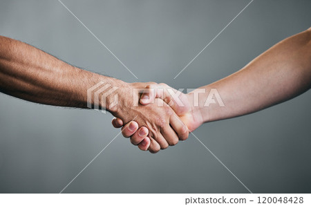 People, fitness and handshake with greeting for teamwork, partnership or deal on a gray studio background. Closeup of men shaking hands in agreement, unity or meeting for workout challenge together People, fitness and handshake with greeting for teamwork, partnership or deal on a gray studio background. Closeup of men shaking hands in agreement, unity or meeting for workout challenge together 120048428