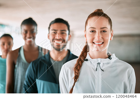 Happy, fitness and portrait of group of people in city for workout, wellness gym and training class. Smile, sports and team of athletes with confidence for exercise with health together in town. Happy, fitness and portrait of group of people in city for workout, wellness gym and training class. Smile, sports and team of athletes with confidence for exercise with health together in town. 120048464