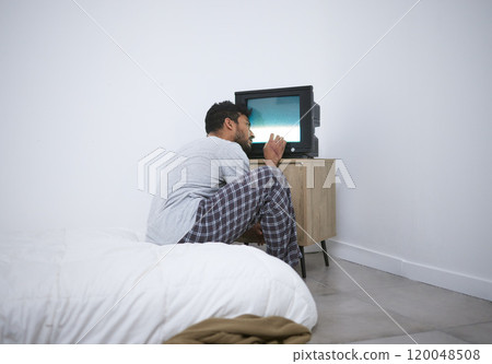 Mental health, hospital and man in asylum, watching tv or brainwashed with depression. Television, patient and person with schizophrenia, bipolar disorder or sick in psychiatric clinic for psychology Mental health, hospital and man in asylum, watching tv or brainwashed with depression. Television, patient and person with schizophrenia, bipolar disorder or sick in psychiatric clinic for psychology 120048508