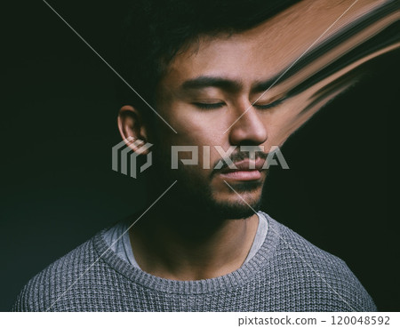 Stress, anxiety and man in studio with eyes closed for mental health, depression or bipolar with dark background. Illness, sad and male person with ptsd for nightmare, personality or schizophrenia 120048592