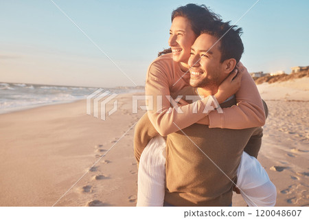 Love, travel and couple with piggyback at beach for affection, relationship or weekend getaway. Ocean, support and happy woman with man for vacation, anniversary or romantic date in Zanzibar 120048607