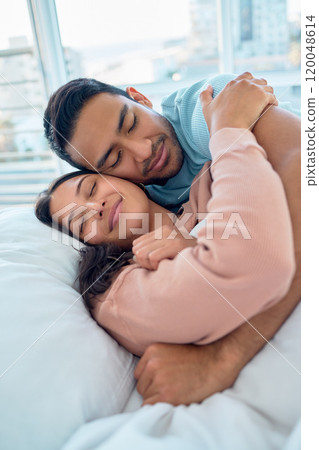Couple, hug and smile in bedroom, morning and love on bed with bonding, care and romance in home. Man, woman and embrace with happiness, holiday or vacation in hotel, room or apartment with affection 120048614