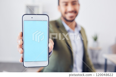 Businessman, hand and screen of phone with offer for online trading, investment and registration. Smile, space and trader with mockup on tech in office for exchange platform, info and cryptocurrency 120048622