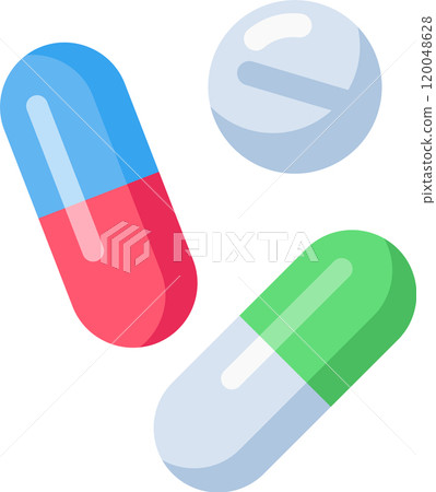 Two colorful capsules and a round pill symbolize medication, healthcare, and pharmaceutical treatment in a simple yet effective visual representation 120048628