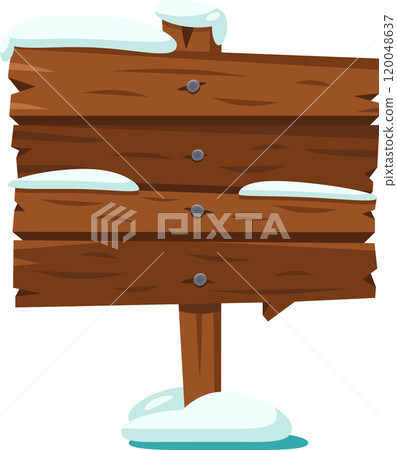 Snow covered wooden sign for winter, christmas, or holiday messages, adding rustic charm to festive decorations 120048637