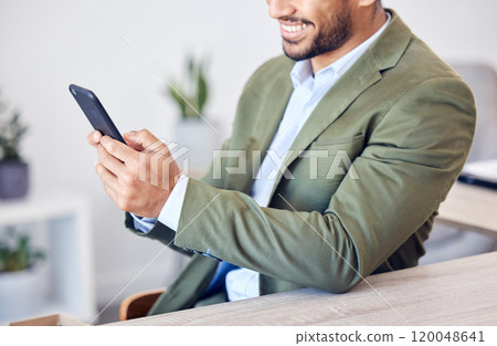 Typing, phone and hands of man in office checking email, online chat or business planning schedule. Advisor, consultant or businessman with smartphone, scroll and mobile app for networking at desk 120048641