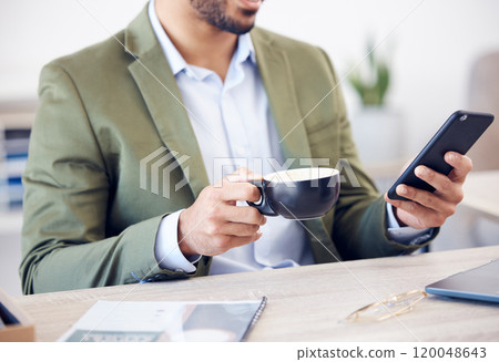 Coffee cup, phone and hand of man in office checking email, online chat or business schedule. Advisor, consultant or businessman with drink, smartphone and scroll on mobile app for networking at desk 120048643