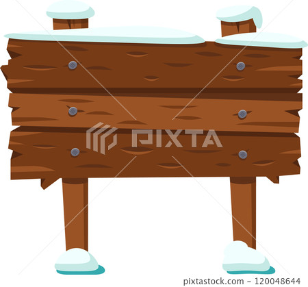 Wooden sign made of three planks and two poles, covered by snow, with space for text, isolated on white background, suitable for winter, christmas or holiday projects 120048644