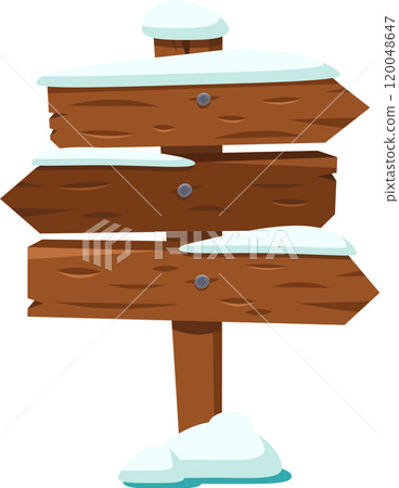 Wooden signpost covered with snow showing multiple directions, isolated on a white background, suitable for winter and christmas projects 120048647