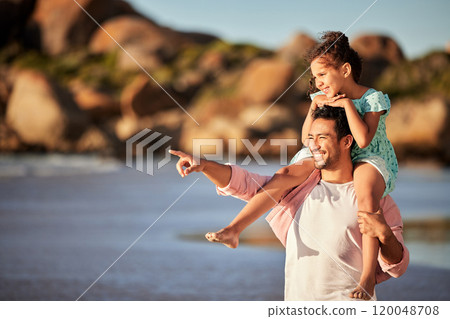 Father, girl and piggy back by ocean or support with pointing for location on holiday, Man with daughter in Mexico. Dad, female kid and beach for vacation with adventure, family or happiness Father, girl and piggy back by ocean or support with pointing for location on holiday, Man with daughter in Mexico. Dad, female kid and beach for vacation with adventure, family or happiness 120048708