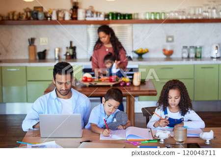 Dad, laptop and kids at table for working, streaming and online for email and business. Children, father or man and drawing or technology in home for subscription, career and art together in morning 120048711