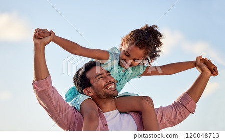 Father, kid and piggy back with blue sky or support with happiness, man with daughter in Mexico holiday. Dad, female child and shoulder ride for vacation with adventure or freedom, smile and bonding Father, kid and piggy back with blue sky or support with happiness, man with daughter in Mexico holiday. Dad, female child and shoulder ride for vacation with adventure or freedom, smile and bonding 120048713