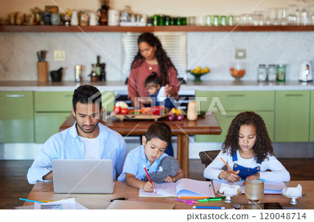 Man, working and laptop in home with kids, education and drawing or art together at table. Children, dad or father and career or study in apartment for elearning, internet or online for creativity Man, working and laptop in home with kids, education and drawing or art together at table. Children, dad or father and career or study in apartment for elearning, internet or online for creativity 120048714
