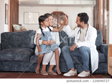 Home, doctor and kid with high five by mother for cardiology, checkup and success in consultation. Woman, girl and pediatrician with celebration for congenital heart disease, recovery and progress Home, doctor and kid with high five by mother for cardiology, checkup and success in consultation. Woman, girl and pediatrician with celebration for congenital heart disease, recovery and progress 120048727