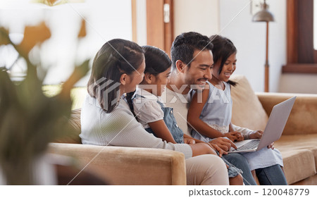 Family, watch and laptop for movies, lounge and bonding for parents and children in house and love. Laughing, fun and entertainment of animation for kids, comedy and girls with dad and mom in home 120048779