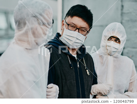 Man, ppe and healthcare for covid outside, patient zero and safety team for disease outbreak or detain in city. Control, corona virus and emergency arrest for spread prevention, face mask and people Man, ppe and healthcare for covid outside, patient zero and safety team for disease outbreak or detain in city. Control, corona virus and emergency arrest for spread prevention, face mask and people 120048799