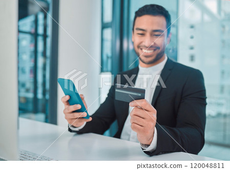 Businessman, hand or credit card with phone in office for online shopping, ecommerce or happy with payment. Professional, trader or employee with cryptocurrency investment, fintech or finance at desk 120048811