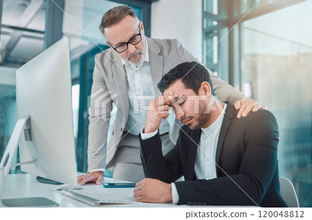 Business men, colleagues and console in office with support for grief, depression and mental health. People, boss and attorney with care, connection and empathy for mistake in workplace at law firm 120048812