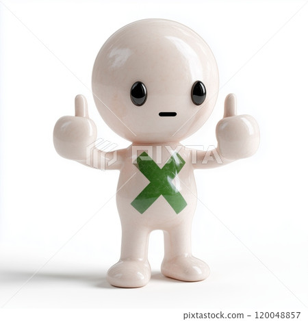 Adorable cartoon character with thumbs up gesture and green x symbol 120048857