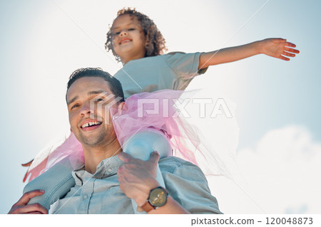 Carry, portrait and shoulders of dad with daughter outdoor on sky for bonding, fun or games in backyard. Arms, flying and smile with girl child sitting on single parent man in garden for fantasy 120048873