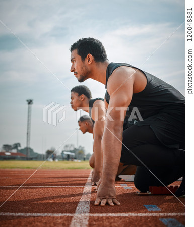 Race, start and group of men on sports track for speed challenge, marathon event and field athlete at arena. Ready, set and people at stadium for competition, fitness or professional distance running Race, start and group of men on sports track for speed challenge, marathon event and field athlete at arena. Ready, set and people at stadium for competition, fitness or professional distance running 120048881