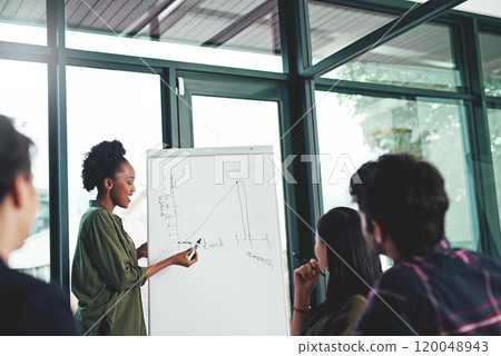 Business woman, presentation and whiteboard with chart for project feedback, sale review and workshop in office. Worker, speaker and graph board for marketing stats, revenue report and company growth Business woman, presentation and whiteboard with chart for project feedback, sale review and workshop in office. Worker, speaker and graph board for marketing stats, revenue report and company growth 120048943