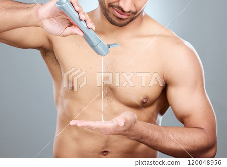 Hands, skincare and lotion with shirtless man in studio on a gray background for his grooming routine. Beauty, body and dermatology for model, moisturizing and apply with antiaging cream for skin Hands, skincare and lotion with shirtless man in studio on a gray background for his grooming routine. Beauty, body and dermatology for model, moisturizing and apply with antiaging cream for skin 120048956