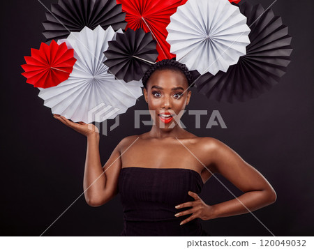 Portrait, African woman and origami on hair in studio background for fashion with expression, art and decor. Female person, artist and glamour for creative, beauty or design with pride or confidence 120049032