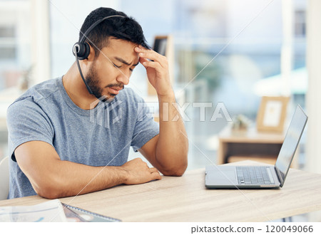 Customer service, call center and man on laptop with headache, stress and frustrated for telemarketing. Corporate burnout, business and person with headset for contact, crm support and communication 120049066