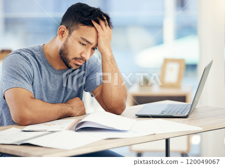 Laptop, paperwork and business man with stress for work mistake, burnout and internet error in office. Documents, computer glitch and frustrated consultant for deadline fail, email crisis and fatigue 120049067