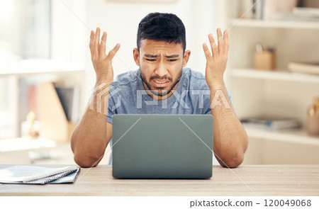 Frustrated, man and laptop with stress in home office for remote work, internet issue and glitch. Confused, web designer and tech with anxiety for network crash, SEO problem and connectivity error 120049068