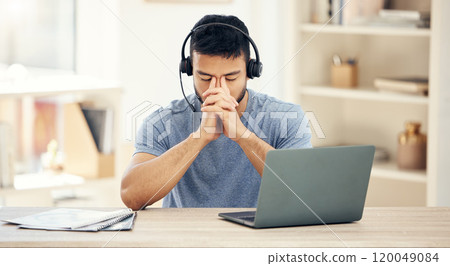 Home office, laptop and man with headset in stress for telemarketing, remote work and client problem. Frustrated, agent and person with anxiety by desk for customer complaint, information and burnout Home office, laptop and man with headset in stress for telemarketing, remote work and client problem. Frustrated, agent and person with anxiety by desk for customer complaint, information and burnout 120049084