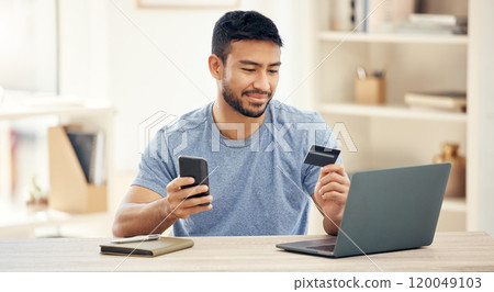 Desk, online and man with card, cellphone and ecommerce for businessman, digital and smile in office. Remote work, shopping and purchase of subscription, table and software of web designer in house Desk, online and man with card, cellphone and ecommerce for businessman, digital and smile in office. Remote work, shopping and purchase of subscription, table and software of web designer in house 120049103
