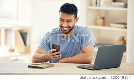 Happy, typing and man with laptop, cellphone and virtual assistant in home office and customer support. Digital, employee and remote work for schedule of company, online and smile of person in house Happy, typing and man with laptop, cellphone and virtual assistant in home office and customer support. Digital, employee and remote work for schedule of company, online and smile of person in house 120049104