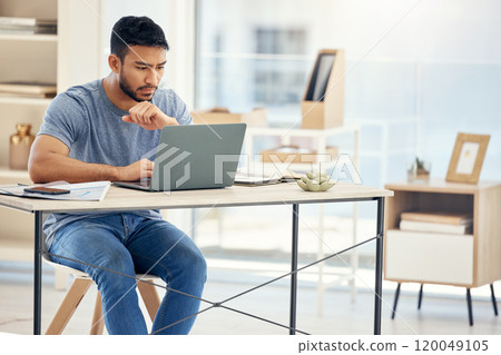 Serious, reading and man with laptop, online and virtual assistant in home office and paperwork. Digital, employee and remote work for schedule of company, display and typing of person in house Serious, reading and man with laptop, online and virtual assistant in home office and paperwork. Digital, employee and remote work for schedule of company, display and typing of person in house 120049105