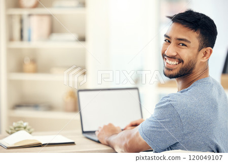 Mockup, laptop screen and portrait of man in home with notebook with creative research for project. Smile, journalism and Asian freelance copywriter with blank computer for online article at house. Mockup, laptop screen and portrait of man in home with notebook with creative research for project. Smile, journalism and Asian freelance copywriter with blank computer for online article at house. 120049107