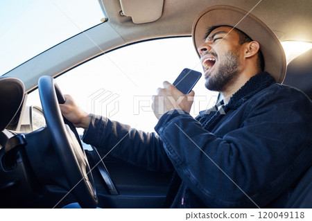 Car, man and happy with singing as driver for roadtrip, travel and adventure on holiday. Male person, music and excited with songs or radio on journey for vacation, break and relaxation with fun Car, man and happy with singing as driver for roadtrip, travel and adventure on holiday. Male person, music and excited with songs or radio on journey for vacation, break and relaxation with fun 120049118