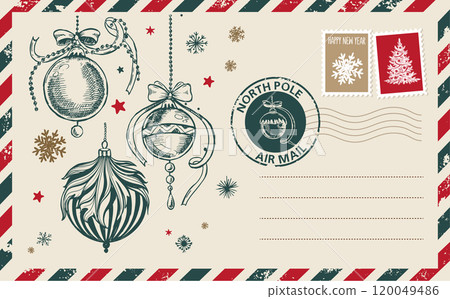 Christmas mail, postcard, hand drawn illustration.	 120049486