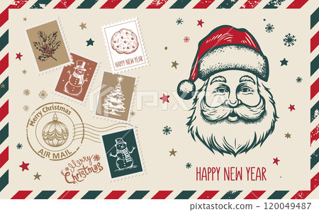 Christmas mail, postcard, hand drawn illustration.	 120049487