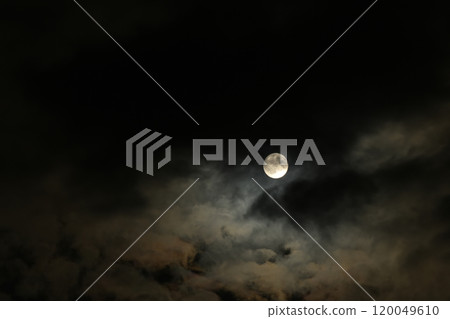 A small moon shining between the clouds, just before the full moon, age 14.0 120049610