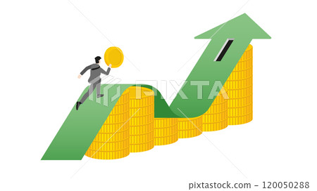 Businessman runs and holds coins on a green arrow graph rising on a stack of coins to coin slot. Growth, wealth create, financial, investment goal, corporate develop, economic, profit and loss 120050288