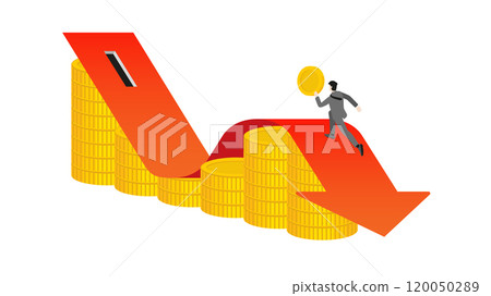 Businessman runs and holds coins on a red arrow graph decrease on a stack of coins to coin slot. Business Down, wealth create, financial, investment goal, corporate develop, economic, profit and loss 120050289