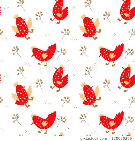 Seamless pattern with cute red chickens, hens, grains, corn, leaves and branches on white background. Seamless speckled hens pattern. Funny vector fabric print. Chicken vector illustration. 120050299