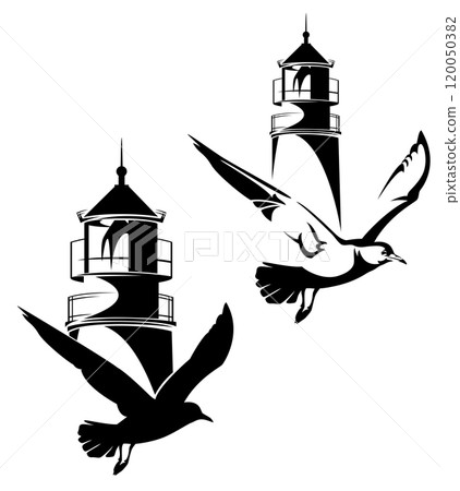 flying sea gull bird and lighthouse tower black and white vector design set 120050382