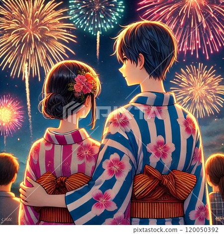 A woman in a yukata looking at fireworks 120050392